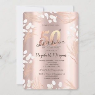 Boho Pampas Blumen Rose Gold 50. Geburtstag Einladung