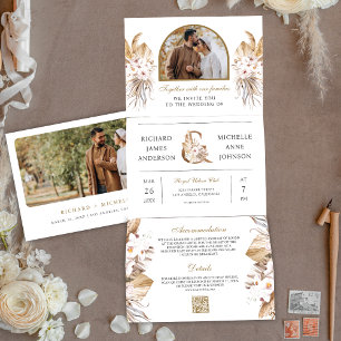 Boho Pampas Bogen Foto Alles in Einem QR-Code Hoch Dreifach Gefaltete Einladung