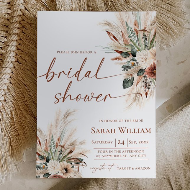 Boho Pampas Brautparty-Einladung Rust Greenery Einladung (Pampas Grass Bridal Shower Invite Rust Greenery | Fall Boho Invitation Neutral Earthy Tones 5×7)