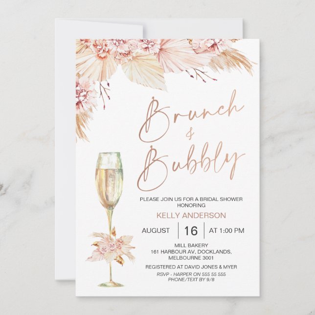 Boho Pampas Brunch Bubbly Bridal Dusche Einladung (Vorderseite)