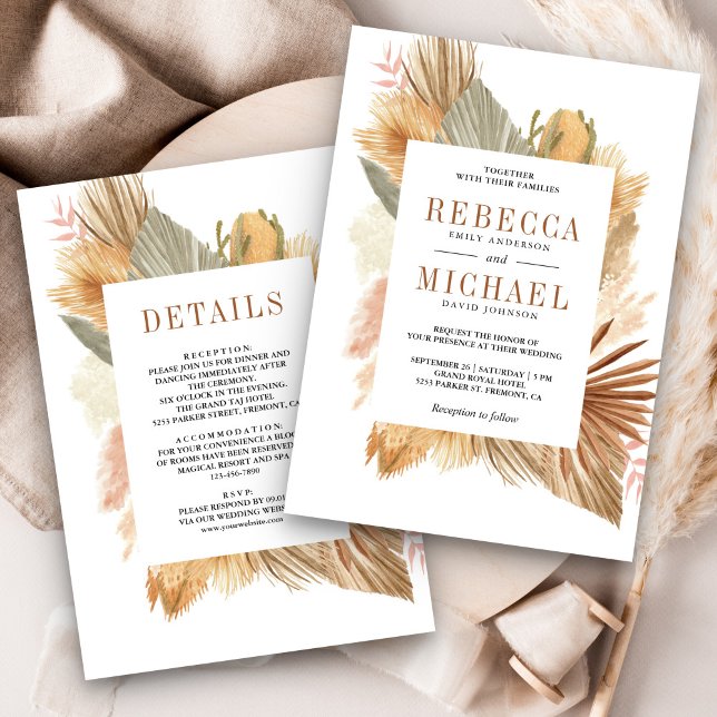 Boho Pampas Dried Palm All in One Wedding Einladung (Von Creator hochgeladen)