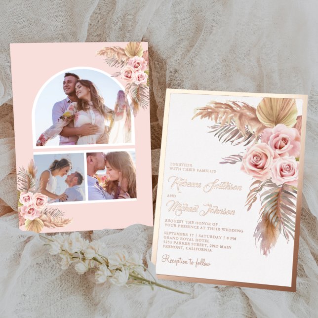 Boho Pampas Dusty Pink Rose Wedding Gold Folieneinladung (Von Creator hochgeladen)