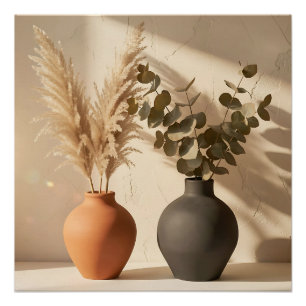 Boho-Pampas-Eukalyptus-Keramikvasen-Stillleben Poster