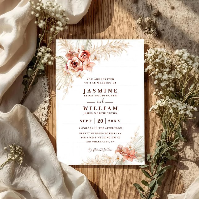 Boho Pampas Floral Elegantes Chic QR-Code Hochzeit Einladung (Von Creator hochgeladen)