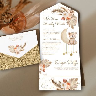 Boho Pampas Floral Mond Teddybär Babyparty All In One Einladung