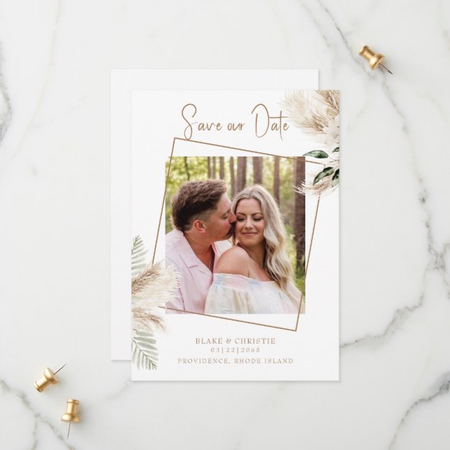 Boho Pampas Foliage Foto Wedding Save The Date (Vorderseite/Rückseite Beispiel)