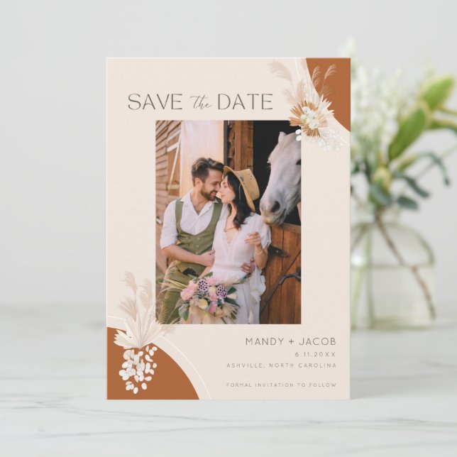 Boho Pampas Foto Bohemisch Wedding Save The Date (Stehend Vorderseite)