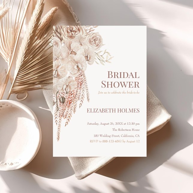 Boho Pampas Garden Bridal Dusche Einladung (Boho Pampas Garden Bridal Shower Invitation on a neutral boho table)