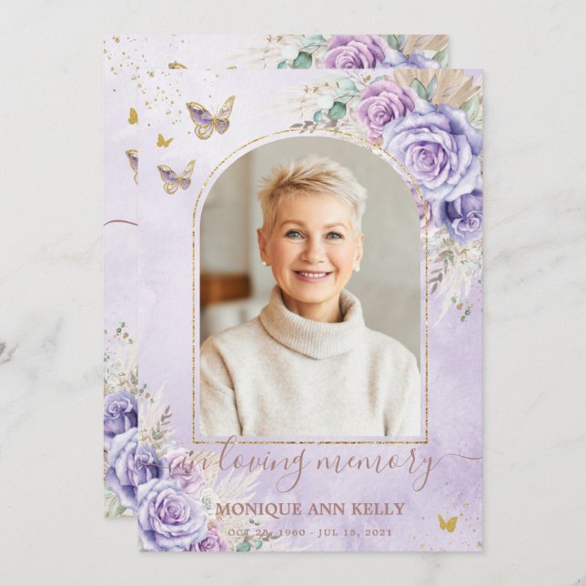 Boho Pampas Gedenkstätte für Lila Foto Dankeskarte (Vorne/Hinten)