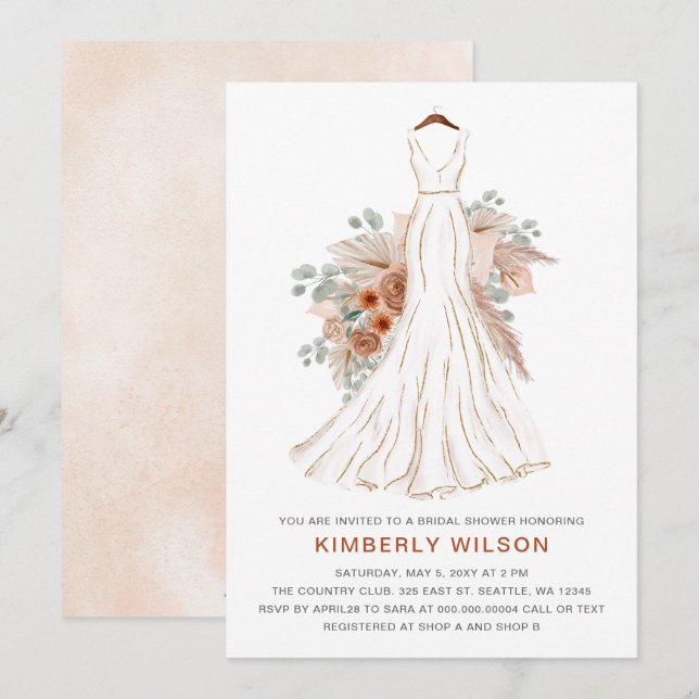 Boho Pampas Glitzer Wedding Dress Brautparty Einladung (Vorne/Hinten)