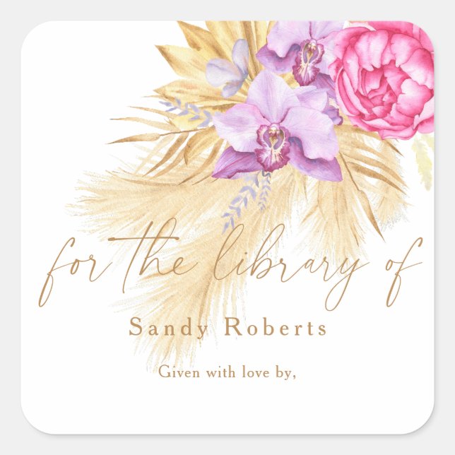 Boho-Pampas-Gras, für die Bibliothek Quadratischer Aufkleber (Vorderseite)