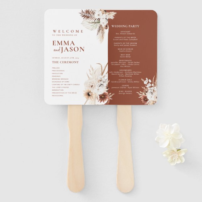 Boho Pampas Gras Hochzeitsprogramm Fächer Hand (Vorne und Hinten)