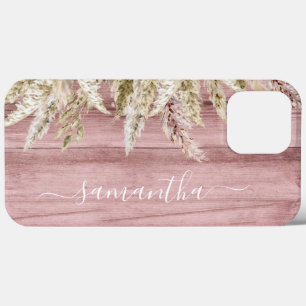 Boho Pampas Gras Pink Holz-Look Monogramm Case-Mate iPhone Hülle