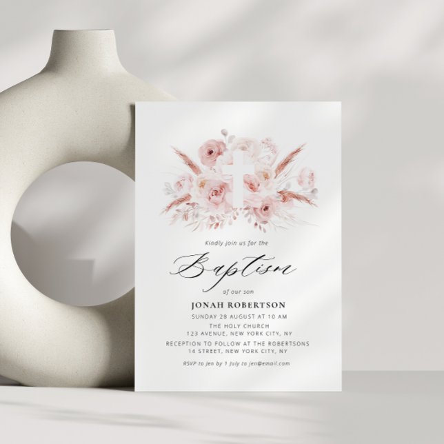 Boho Pampas Gras staubige Rose Blumenkreuz Taufe Einladung (Von Creator hochgeladen)