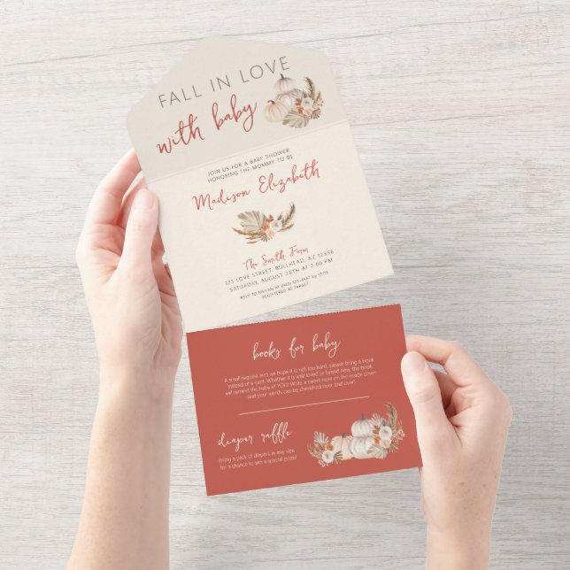 Boho Pampas Graskürbis fallen in Liebe mit Baby All In One Einladung (Abreißen)