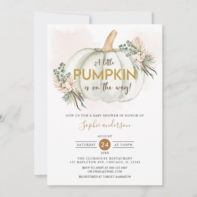 Boho Pampas Grass A Little Pumpkin Baby Shower Einladung (Vorderseite)