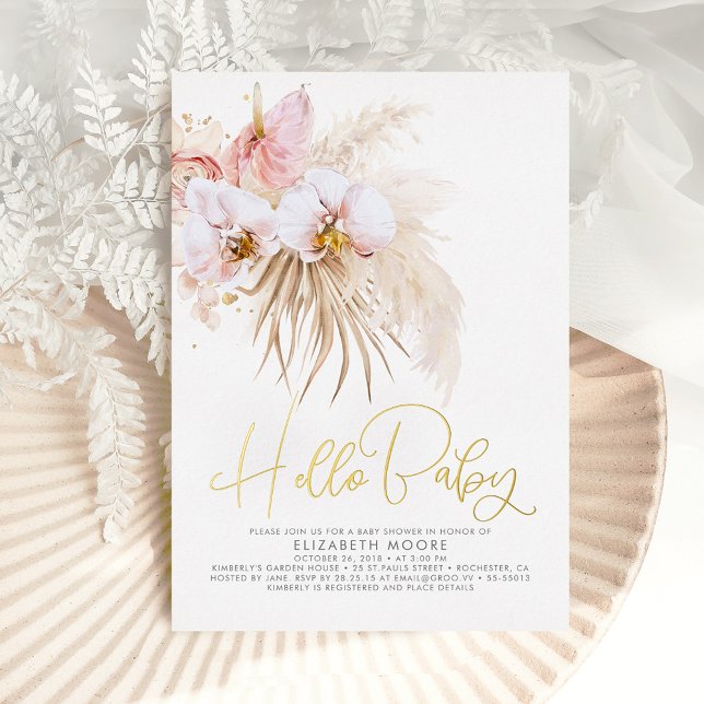 Boho Pampas Grass and Tropical Blume Kinderdusche Folieneinladung (Von Creator hochgeladen)