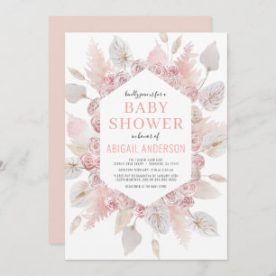 Boho Pampas Grass Baby Dusche Elegantes Rosa  Einladung