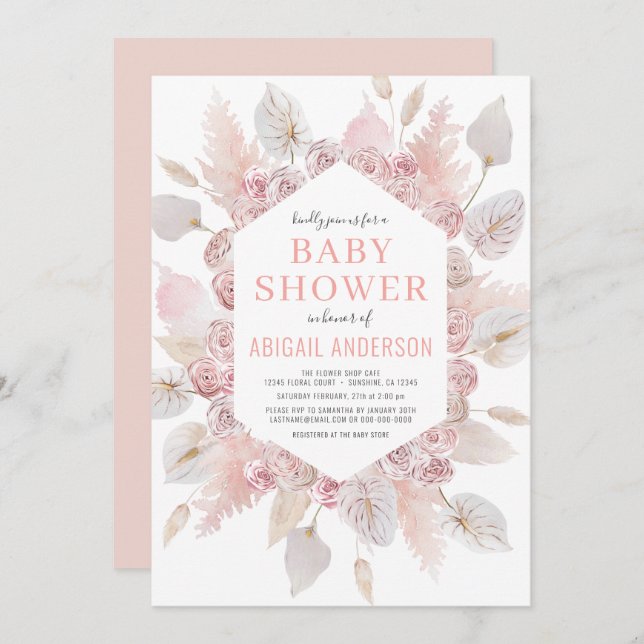 Boho Pampas Grass Baby Dusche Elegantes Rosa Rosa Einladung (Vorne/Hinten)