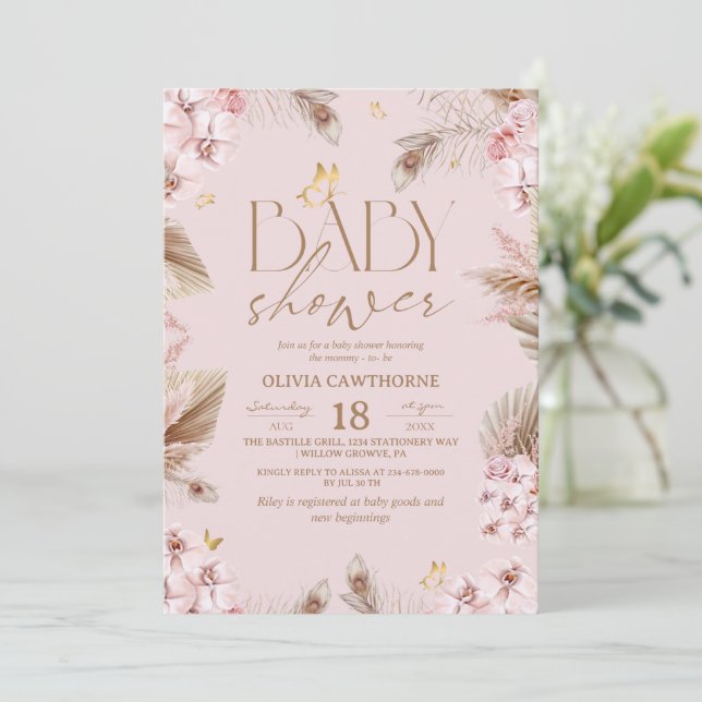  Boho Pampas Grass Baby Shower Einladung (Stehend Vorderseite)