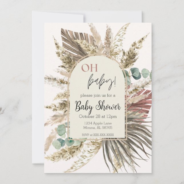 Boho Pampas Grass Baby Shower Invitation | Neutral Einladung (Vorderseite)