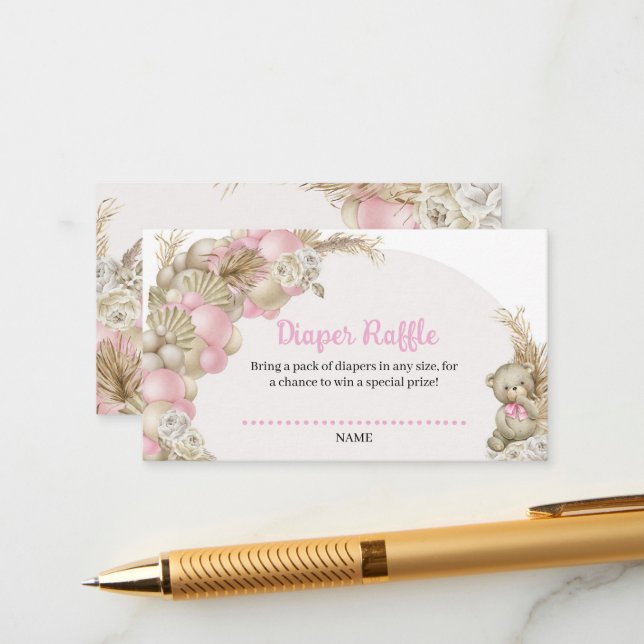 Boho Pampas Grass Ballon Teddy Bear Diaper Raffle Begleitkarte (Vorderseite/Rückseite Beispiel)