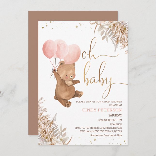 Boho Pampas Grass Bear Oh Babydusche Einladung (Vorne/Hinten)