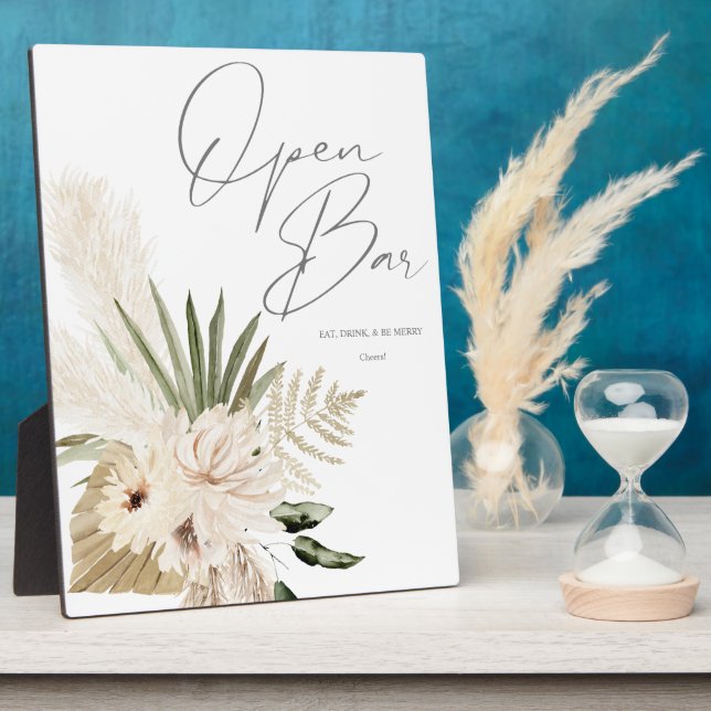 Boho Pampas Grass & Beige Floral Open Bar Sign 2 Fotoplatte (Seite)