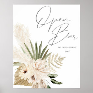 Boho Pampas Grass & Beige Floral Open Bar Sign 2 Poster