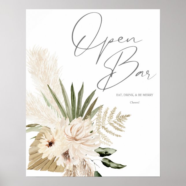 Boho Pampas Grass & Beige Floral Open Bar Sign 2 Poster (Vorne)