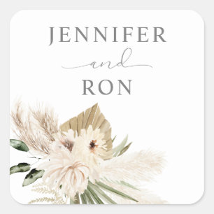Boho Pampas Grass & Beige Floral Square Sticker 1
