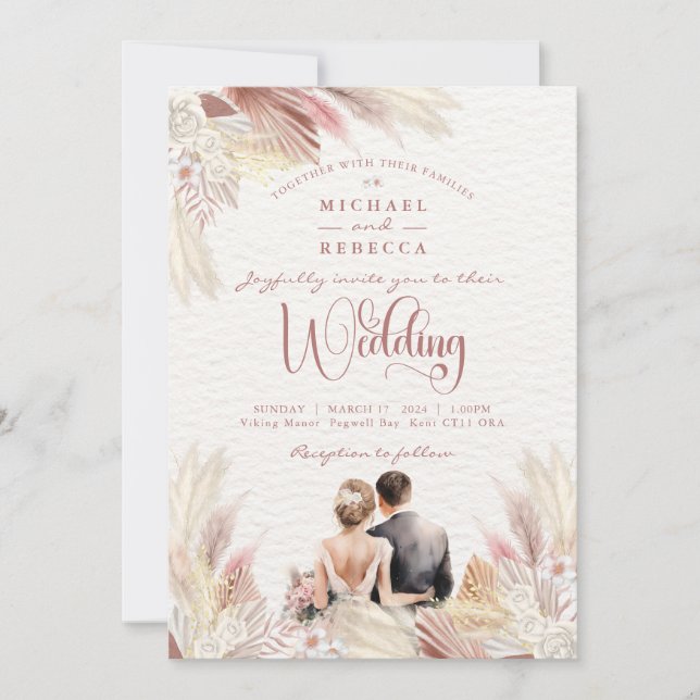 Boho Pampas Grass Blush Dusky Pink Wedding Invita Einladung (Vorderseite)