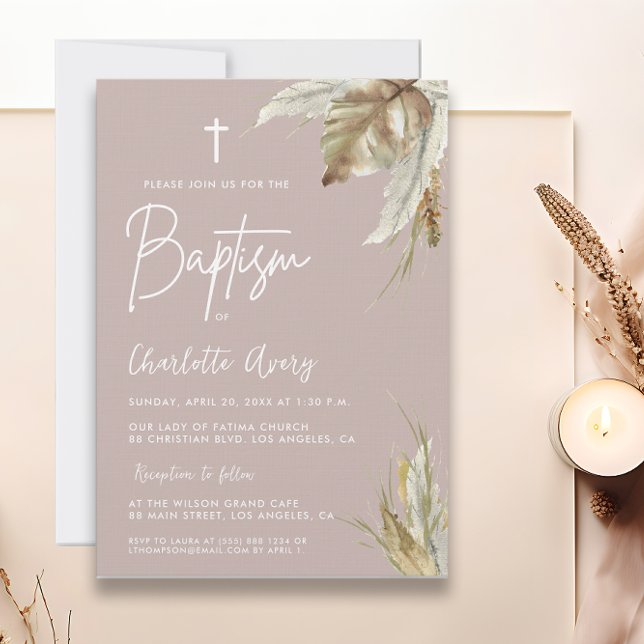 Boho Pampas Grass Blush Pink Custom Taptisse Einladung (Pampas grass watercolor boho chic Baptism Invitation in blush pink.)