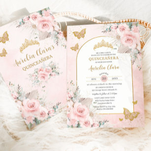 Boho Pampas Grass Blush Pink Floral Quinceañera Einladung