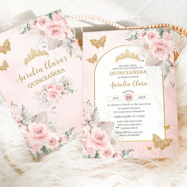 Boho Pampas Grass Blush Pink Floral Quinceañera Einladung (Von Creator hochgeladen)