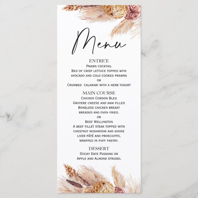 Boho Pampas Grass Brautparty Menu Menükarte (Vorderseite)