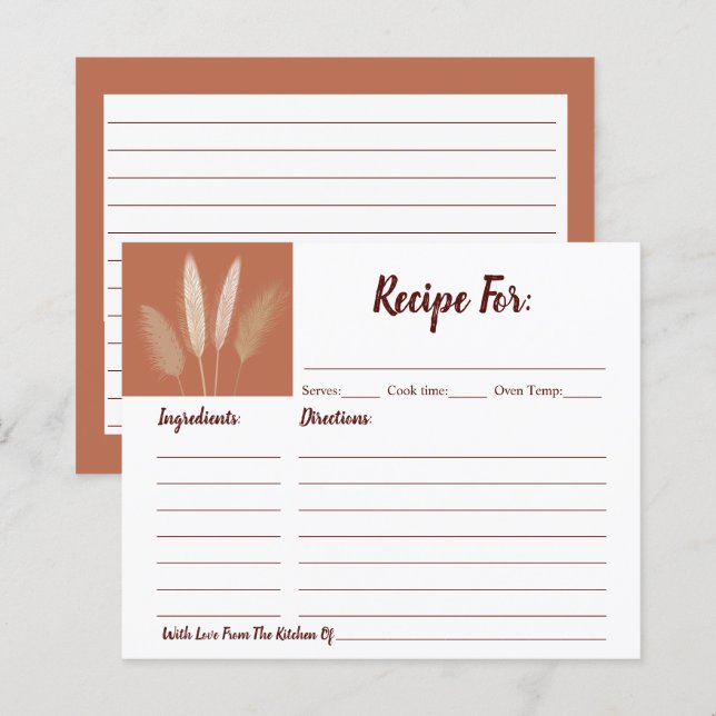 Boho Pampas Grass Brautparty Rezept Karte (Vorne/Hinten)
