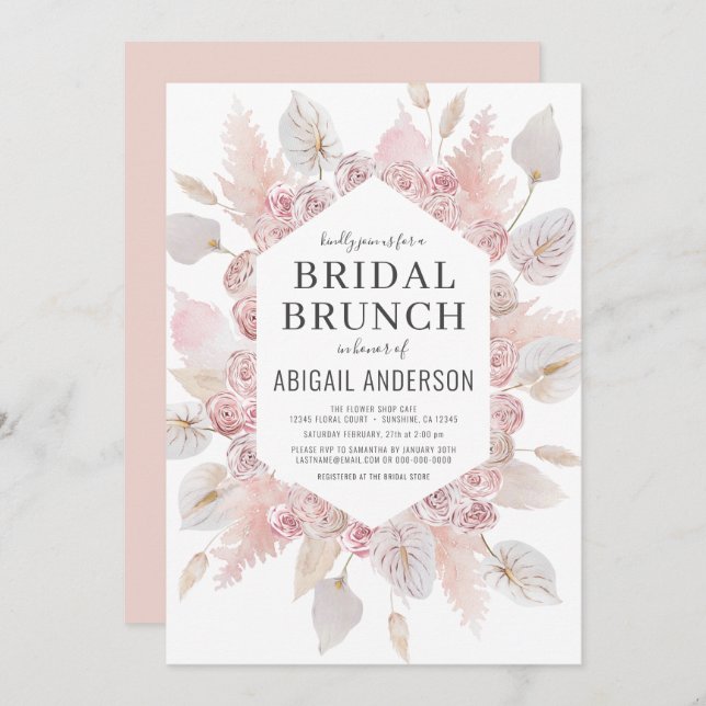 Boho Pampas Grass Bridal Brunch Elegante Einladung (Vorne/Hinten)