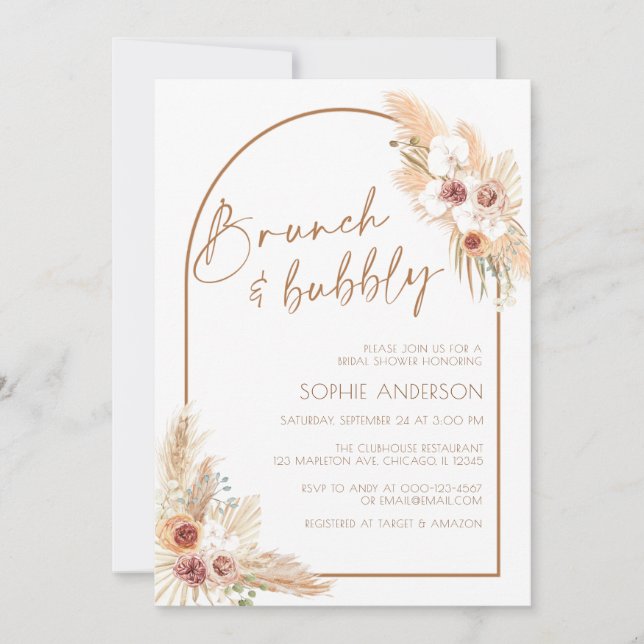 Boho Pampas Grass Brunch & Bubbly Brautparty Einladung (Vorderseite)