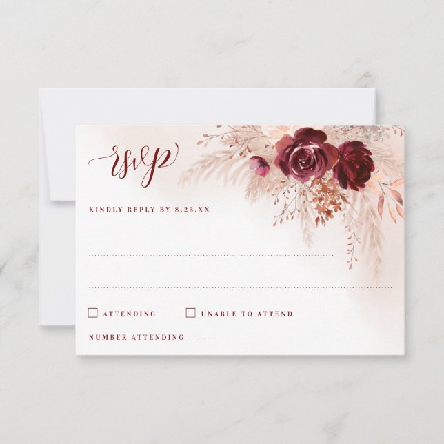 Boho Pampas Grass Burgundy Rose BlumenWedding RSVP Karte (Vorderseite)