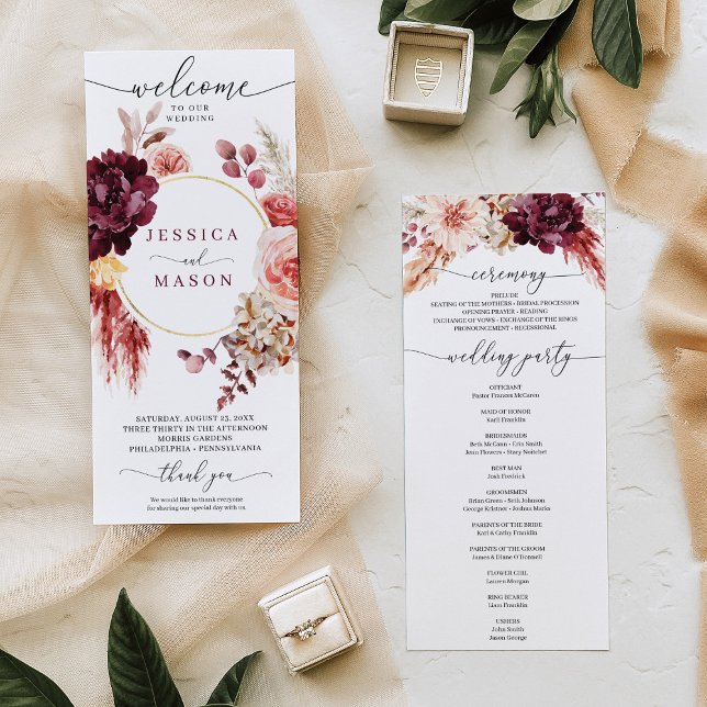 Boho Pampas Grass Burgundy Wedding Program Programm (Von Creator hochgeladen)