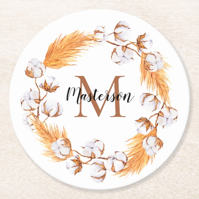 Boho Pampas Grass | Cotton Wreath Monogram Runder Pappuntersetzer (Vorderseite)