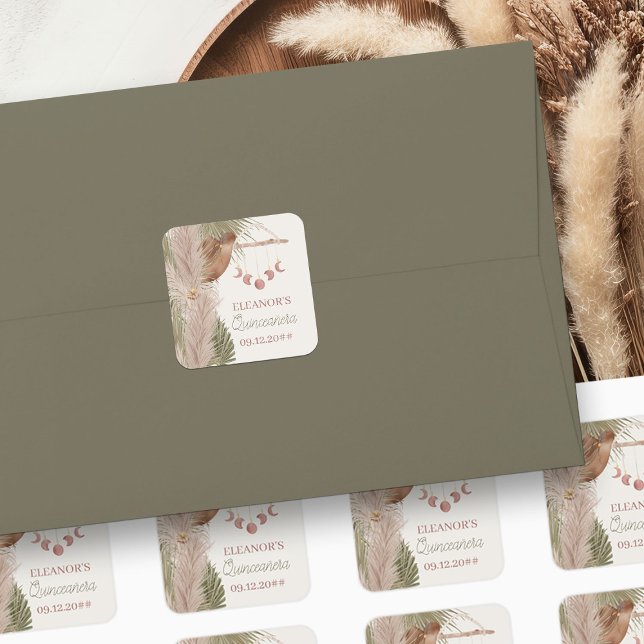 Boho Pampas Grass Cowgirl Hat Western Quinceanera Quadratischer Aufkleber (Stickers from my Western Boho Quinceanera Collection)