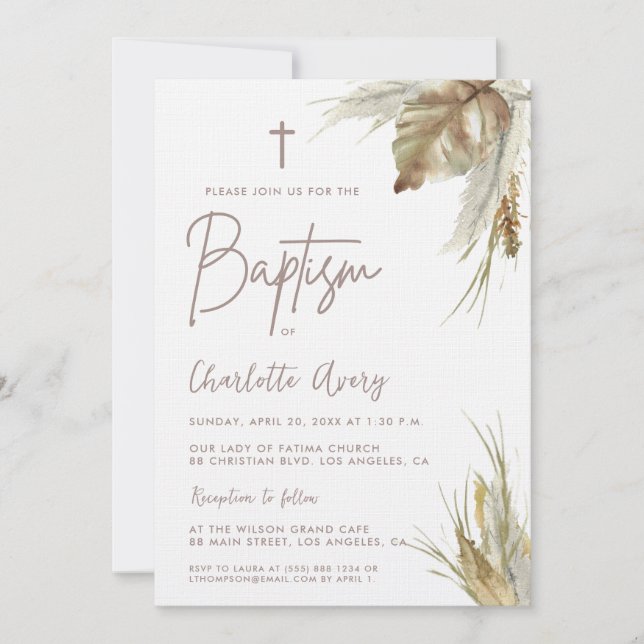 Boho Pampas Grass Custom Taufe Einladung (Vorderseite)