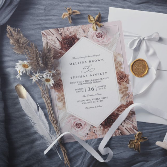 Boho Pampas Grass Dusty Floral QR Code Wedding Einladung (Von Creator hochgeladen)