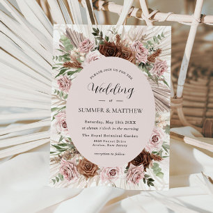 Boho Pampas Grass Dusty Pink Brown Floral Wedding Einladung