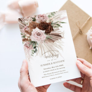 Boho Pampas Grass Dusty Pink Brown Floral Wedding Einladung