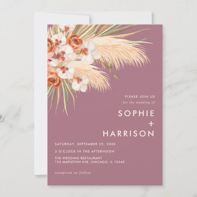  Boho Pampas Grass Dusty Rose Wedding Einladung (Vorderseite)