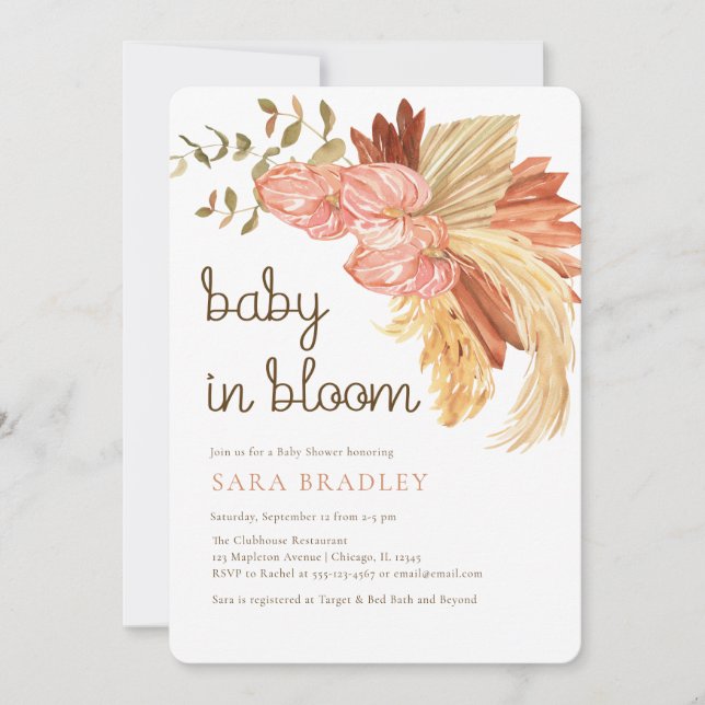 Boho pampas grass eucalyptus anthurium Baby Shower Einladung (Vorderseite)