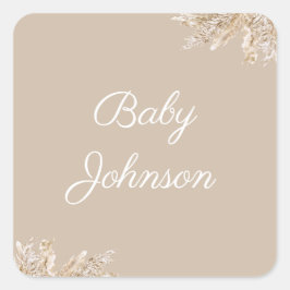 Boho Pampas Grass Favor Tag | Neutral Beige Rustic Quadratischer Aufkleber